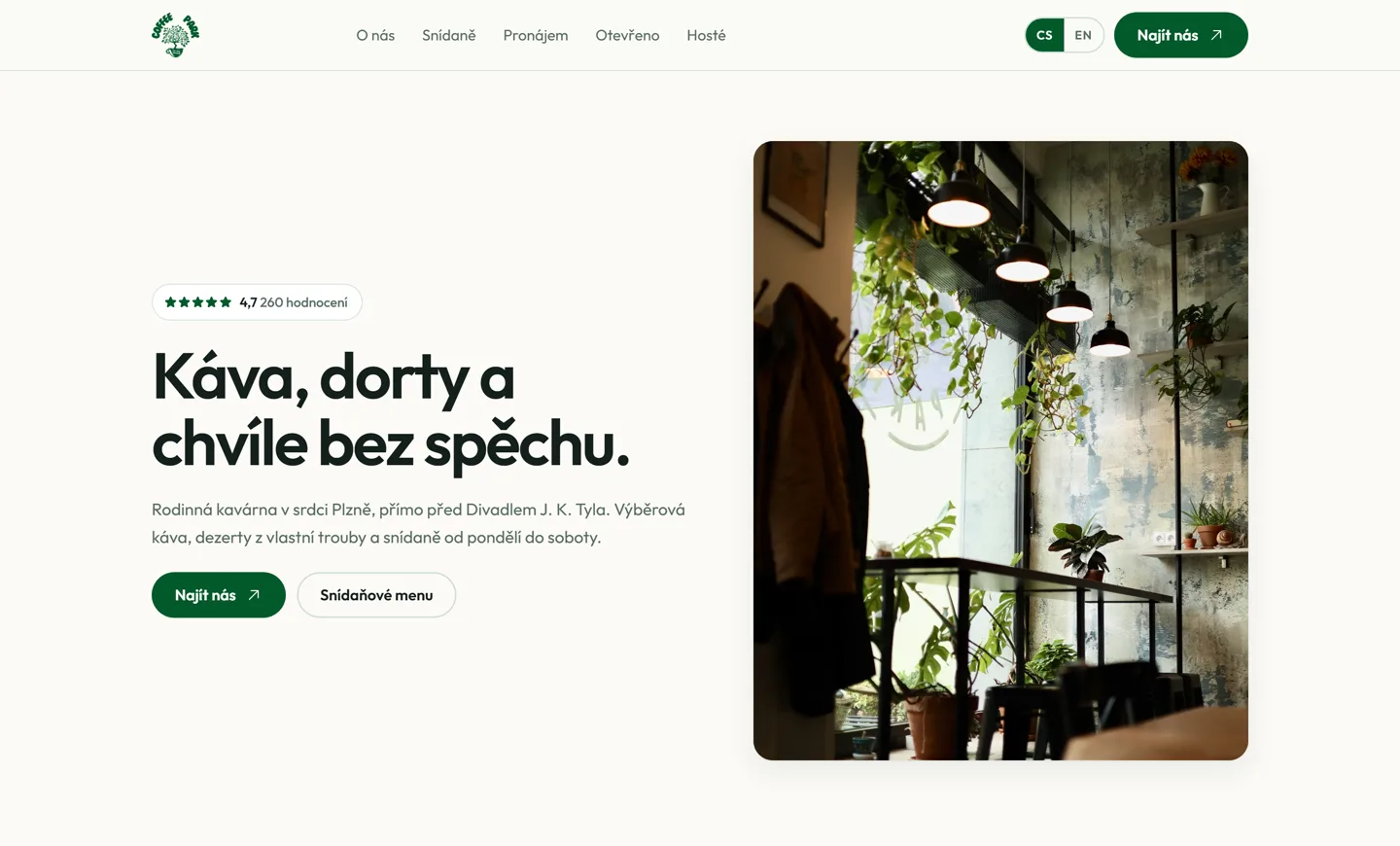 Úvodní stránka webu kavárny Coffee Park v Plzni